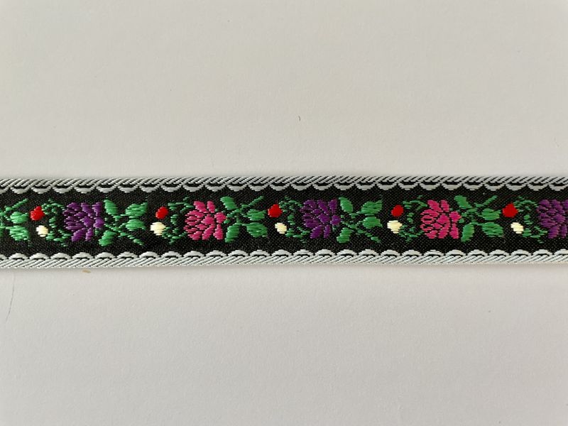 Jacquardbånd sort med blomster 25mm